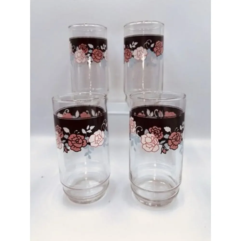 Set of 4 Vintage Corelle (Libby) SILK & ROSES Tumbler Drinking Glasses 5 7/8